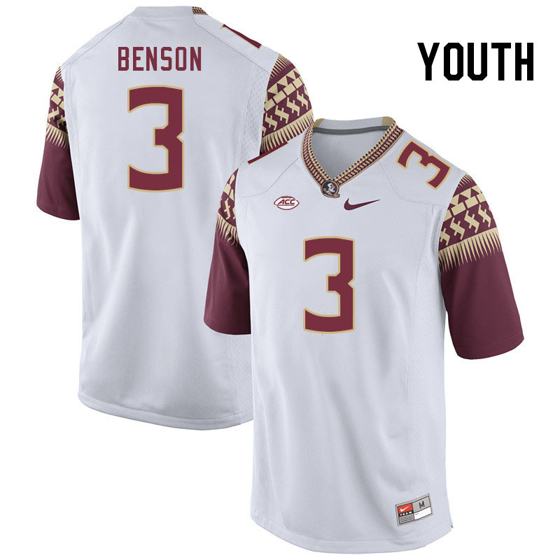 Youth #3 Trey Benson Florida State Seminoles College Football Jerseys Stitched-White